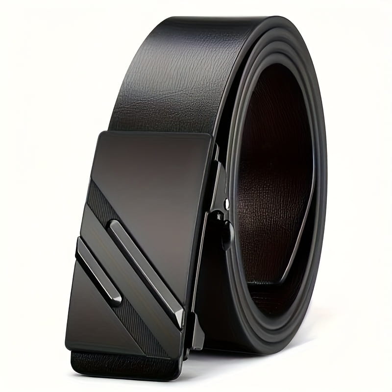 Men automatic buckle synthetic leather belt with black leather strap and sleek matte-finish metal buckle featuring diagonal grooves and minimalist design.