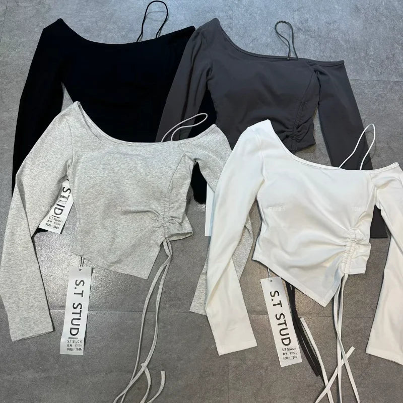 Fashionable Long Sleeve Shoulder Bared T Shirt for Women Slimming Versatile Hot Girl Style Casual Wear Polyester Fabric