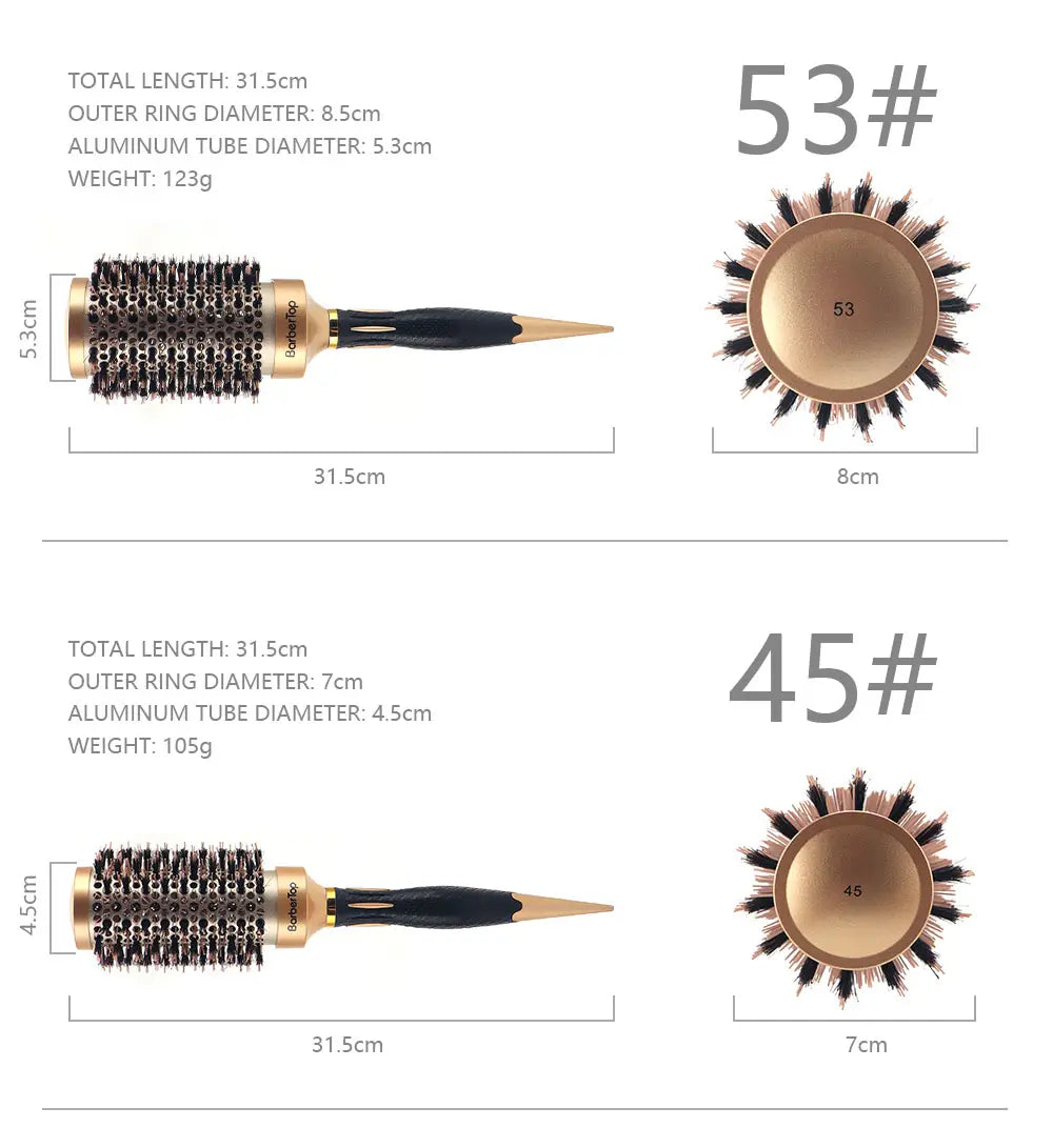 Aluminum round hair styling brush with gold-toned barrel, black bristles, and a sleek tapered handle for effective curling and styling.