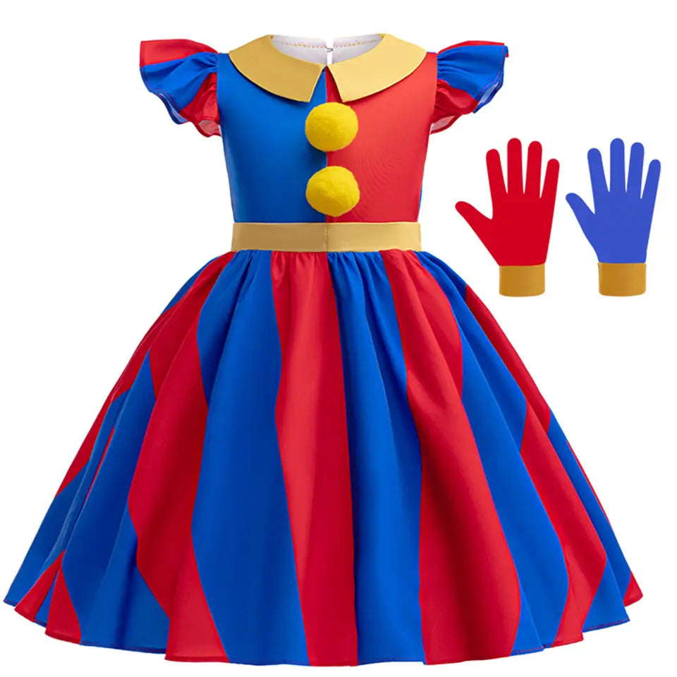 Pomni clown costume dress features vibrant red and blue stripes with a yellow collar gold belt and matching pom-pom buttons alongside a detailed size chart.
