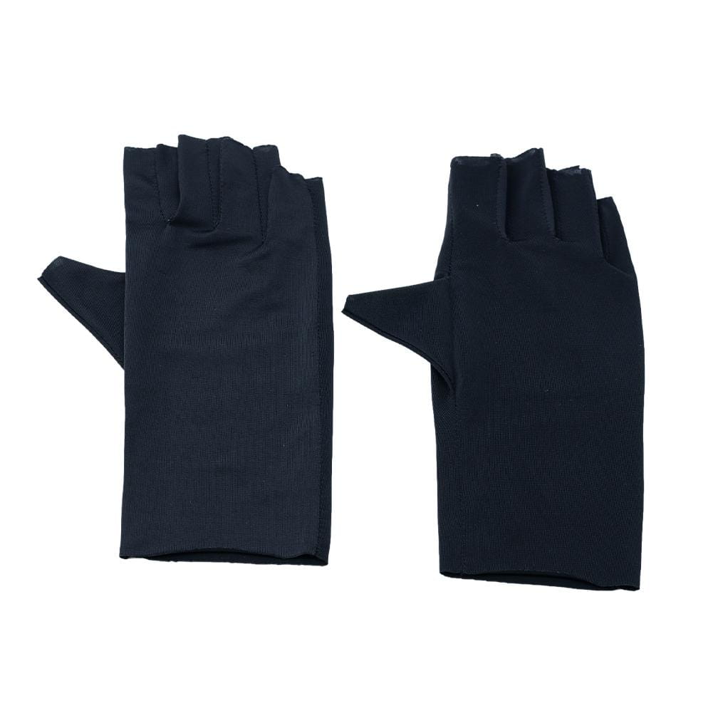 Black fingerless driving gloves made of ribbed fabric with a snug fit and thumb cutouts providing UV protection.