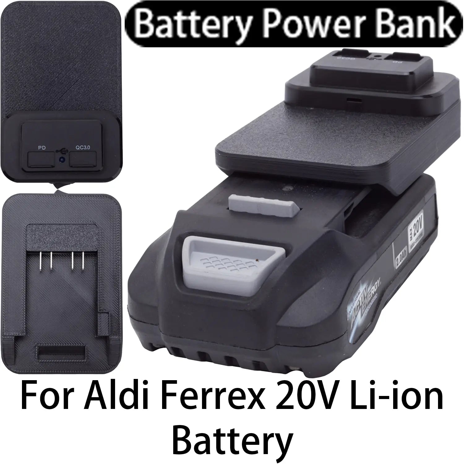 Black plastic ferrex 20v power bank charger with fast charging usb adapter featuring pd and qc3.0 ports for aldi ferrex 20v li-ion batteries.