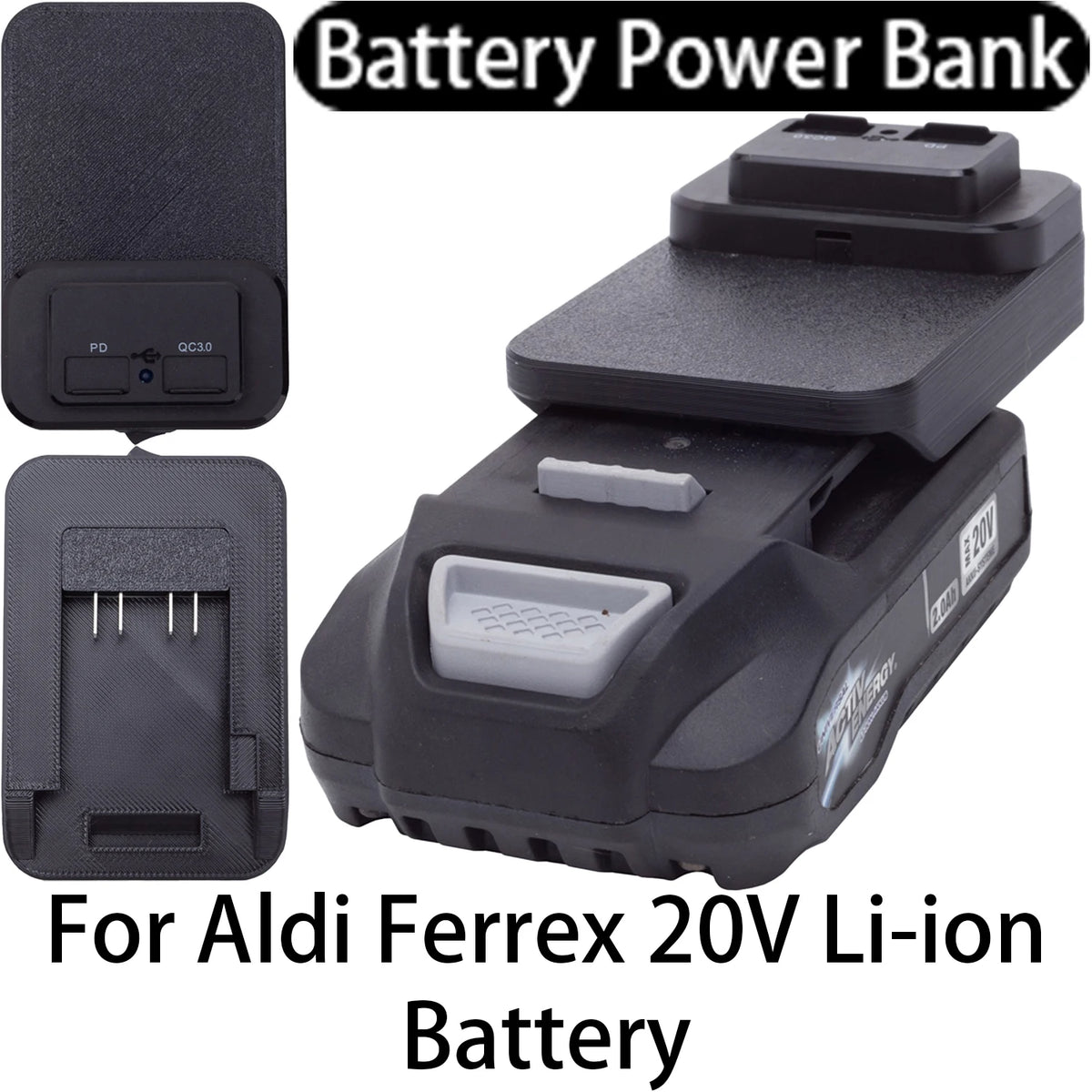 Battery Power Bank for Aldi Ferrex 20V Energy Li-ion Battery with USB/Type-C Fast Charging Port Portable Mobile Phone Power Bank