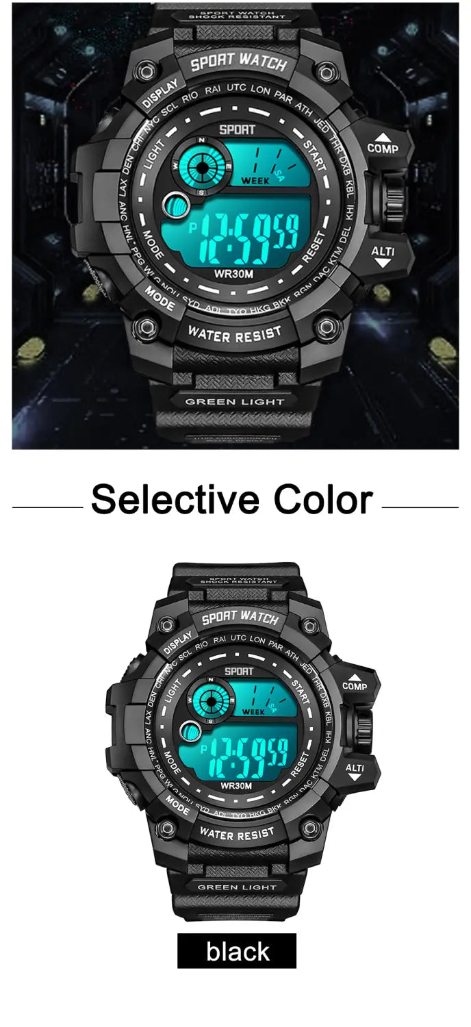 Black digital sport watch with a rugged military-style design and green luminous backlight suitable for waterproof army use.