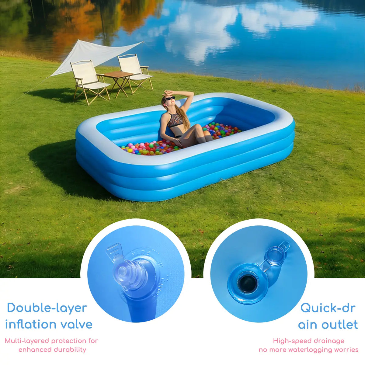1-Piece Blue Rectangular Inflatable Family Pool, Swimming Pool, Outdoor Recreation, Beach, Party