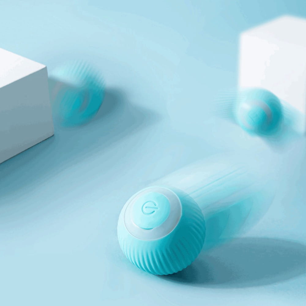 A sleek light blue spherical automatic interactive smart cat ball toy with a textured surface and a white circular button featuring an e logo.