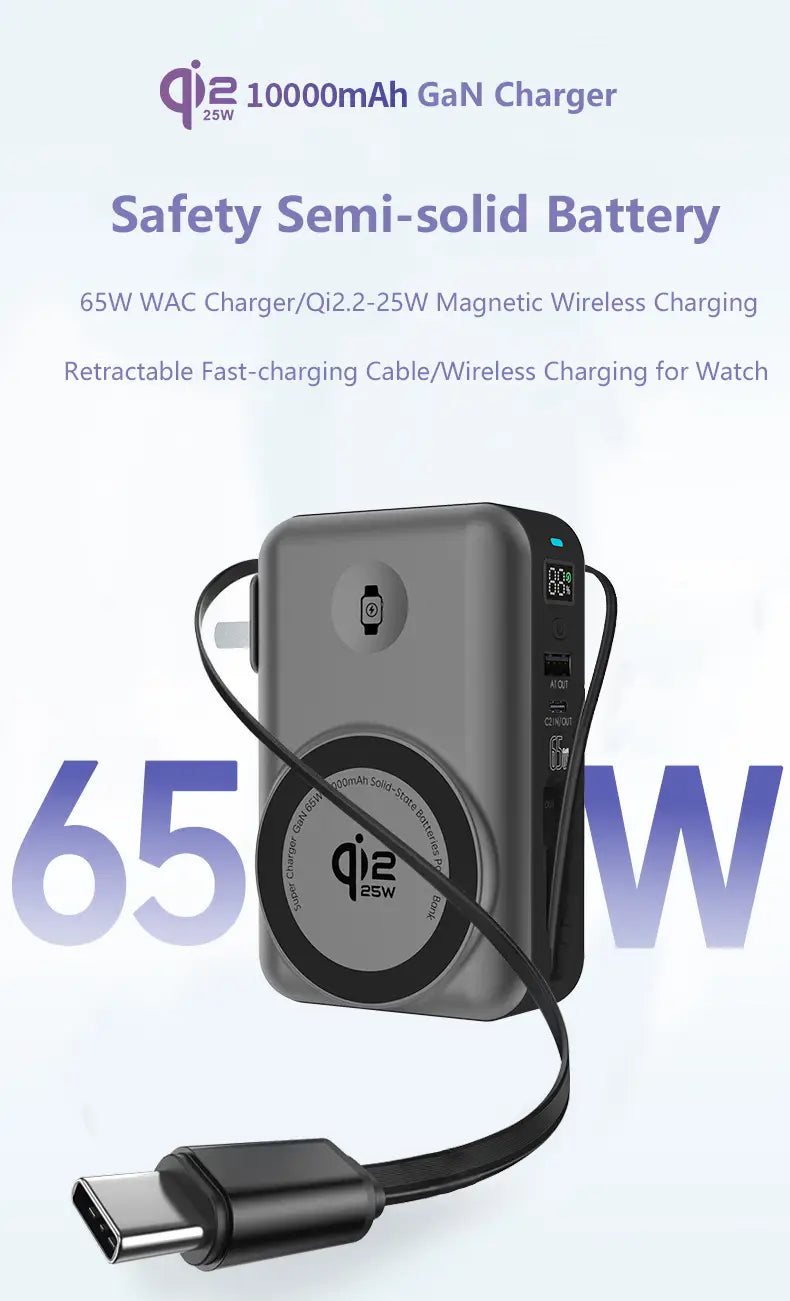 gray rectangular qi2 10000mah solid-state battery power bank featuring a magnetic wireless charger with a retractable black cable and circular charging pad