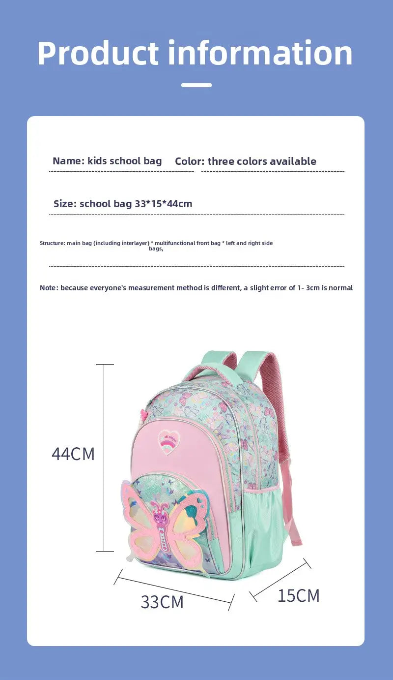 Pastellrosa und mintgrünes Mädchen-Schmetterlings-Schulrucksack-Set mit einer Schmetterlings-Applikation auf der Vorderseite, geeignet für die Nutzung in der Schule.