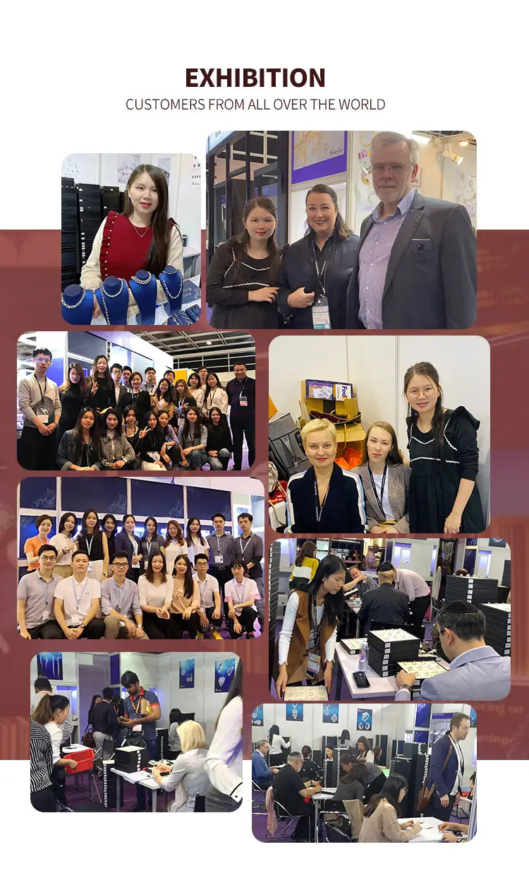 The image features a collage from an international exhibition showcasing diverse attendees and staff alongside a 925 silver cat zirconia jewelry set.