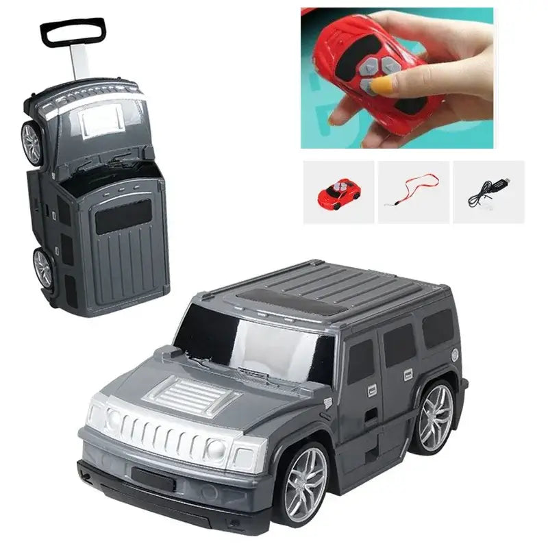 Grauer ferngesteuerter Hummer-Kinderfahrzeug auf einem Gepäckkoffer mit silbernen Akzenten und ausziehbarem Griff.