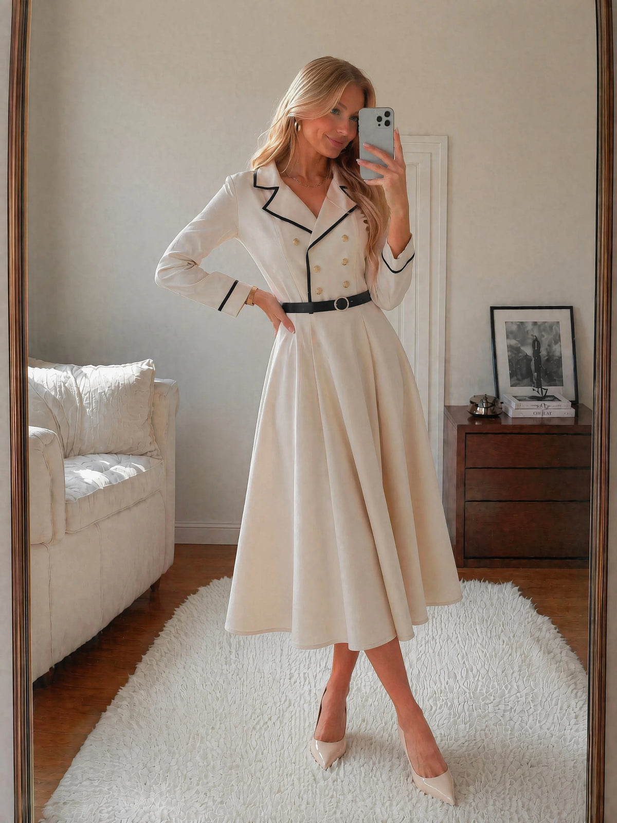 Women Blazer Dress Lapel Collar Long Sleeve Double Breasted Belted A-Line Midi Dress Office Wear