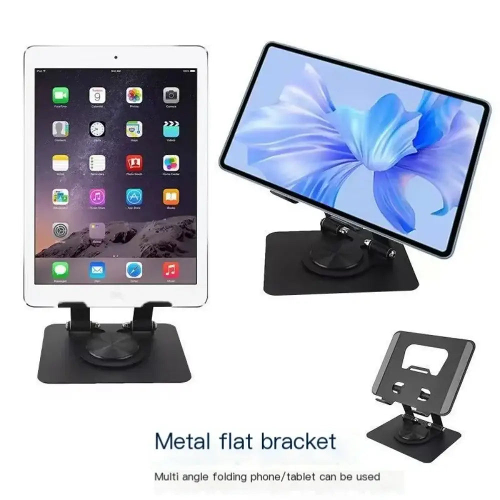black metal flat bracket of a 360° rotatable tablet and laptop stand designed to hold tablets and phones at adjustable angles