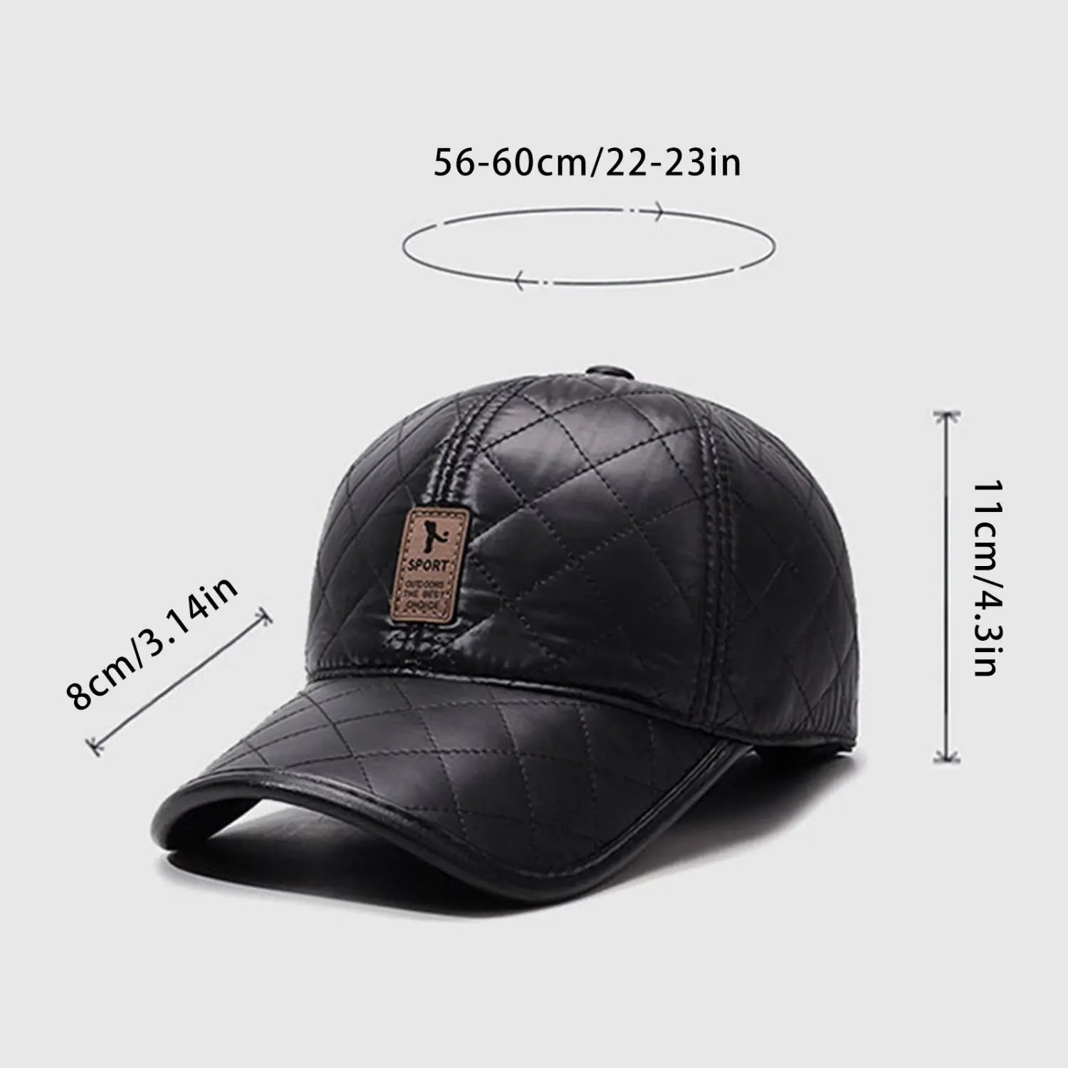 Casquette de baseball en cuir matelassé noir avec rabats d’oreilles chauds et petit écusson rectangulaire marron sur l’avant, convenant comme bonnet de Noël.