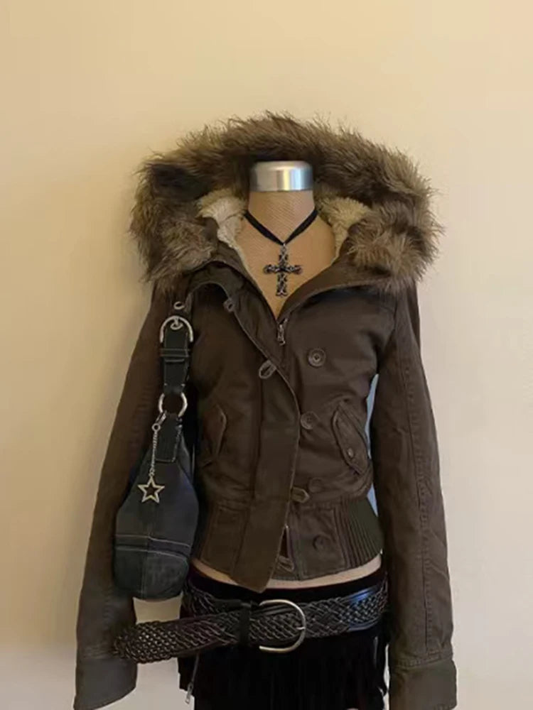Winter Warm Fur Collar Short Jacket Women 2000s Y2K Fleece Padded Parkas Single Breasted Hood Coats High Street Female Outwears