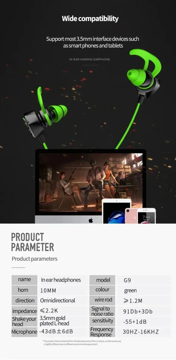 Green wired in-ear gaming headset with black accents and a wire rod design featuring a built-in mic for enhanced communication.
