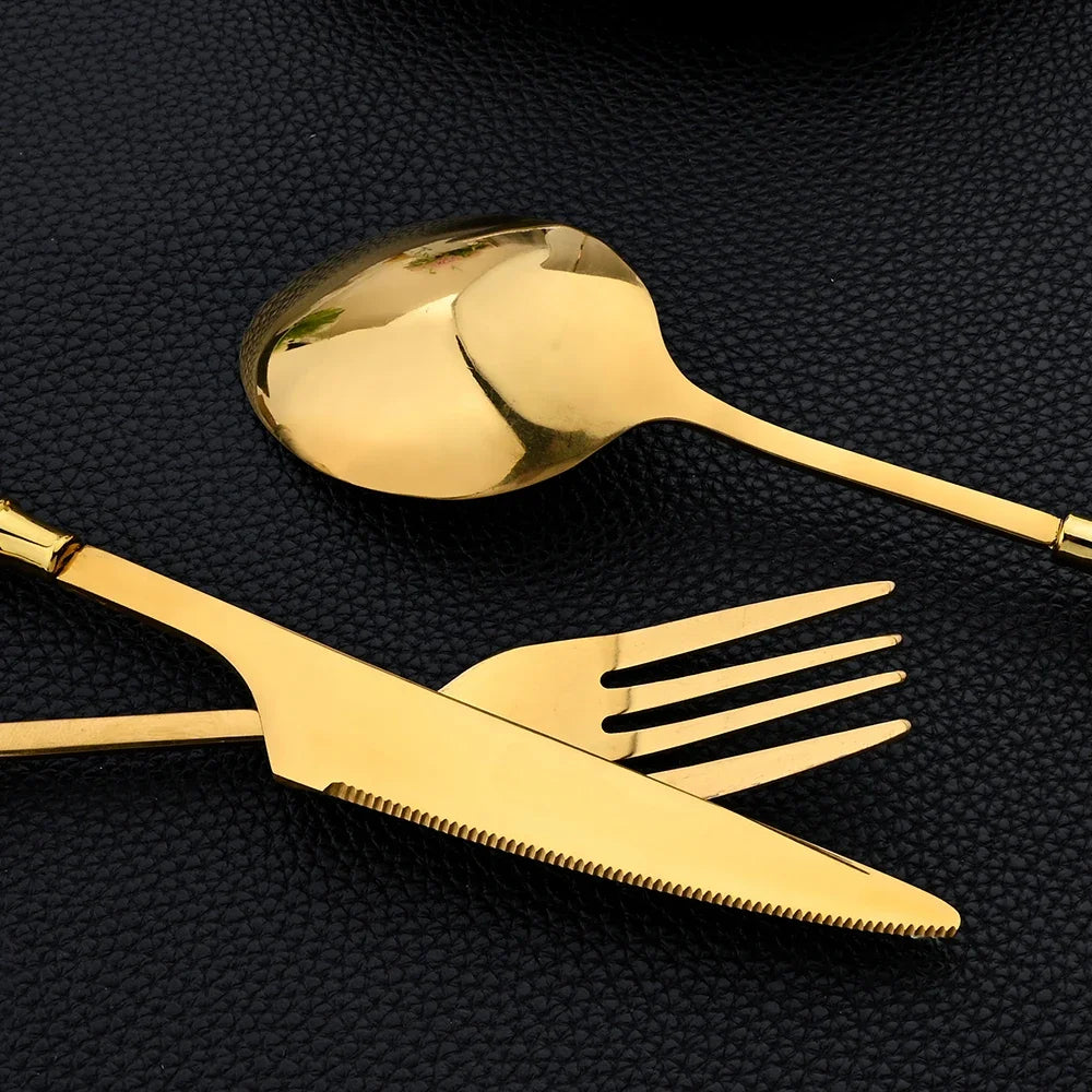 16Pcs Tableware Set Cutlery Set Mirror Ceramic Handle Gold Flatware Fork Spoon Knife Set Stainless Steel Dinnerware Dinner Set