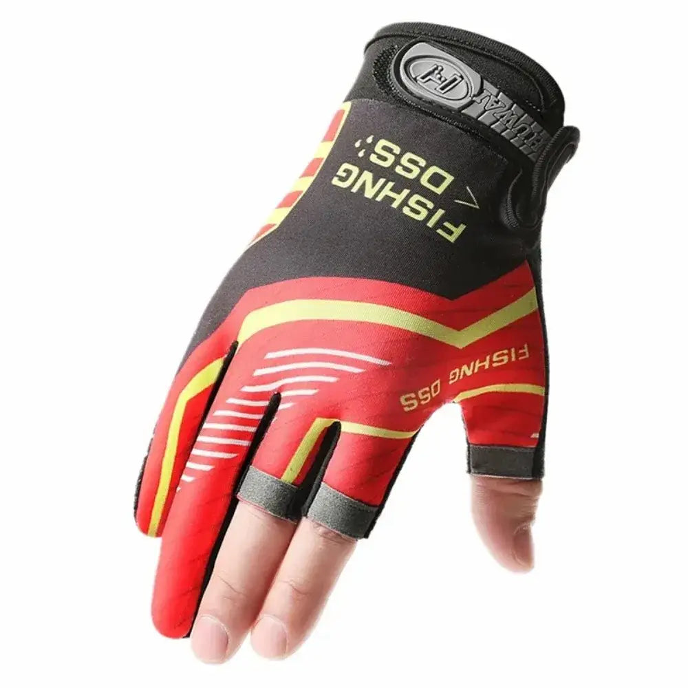 ice silk three finger fishing glove in red and black with yellow accents showing breathable mesh design on the back of the hand.