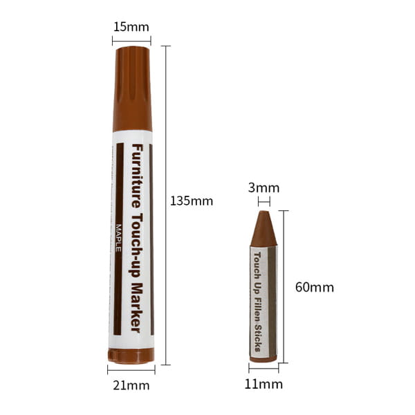 Ensemble stylo de retouche de peinture pour réparation de meubles en bois couleur érable brun et tige de remplissage assortie, pour la restauration des rayures et la retouche.