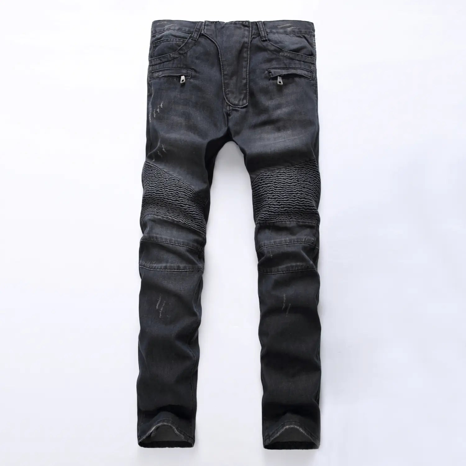 Men’s protective motorcycle denim jeans in black featuring textured reinforced knee panels and subtle distressing.