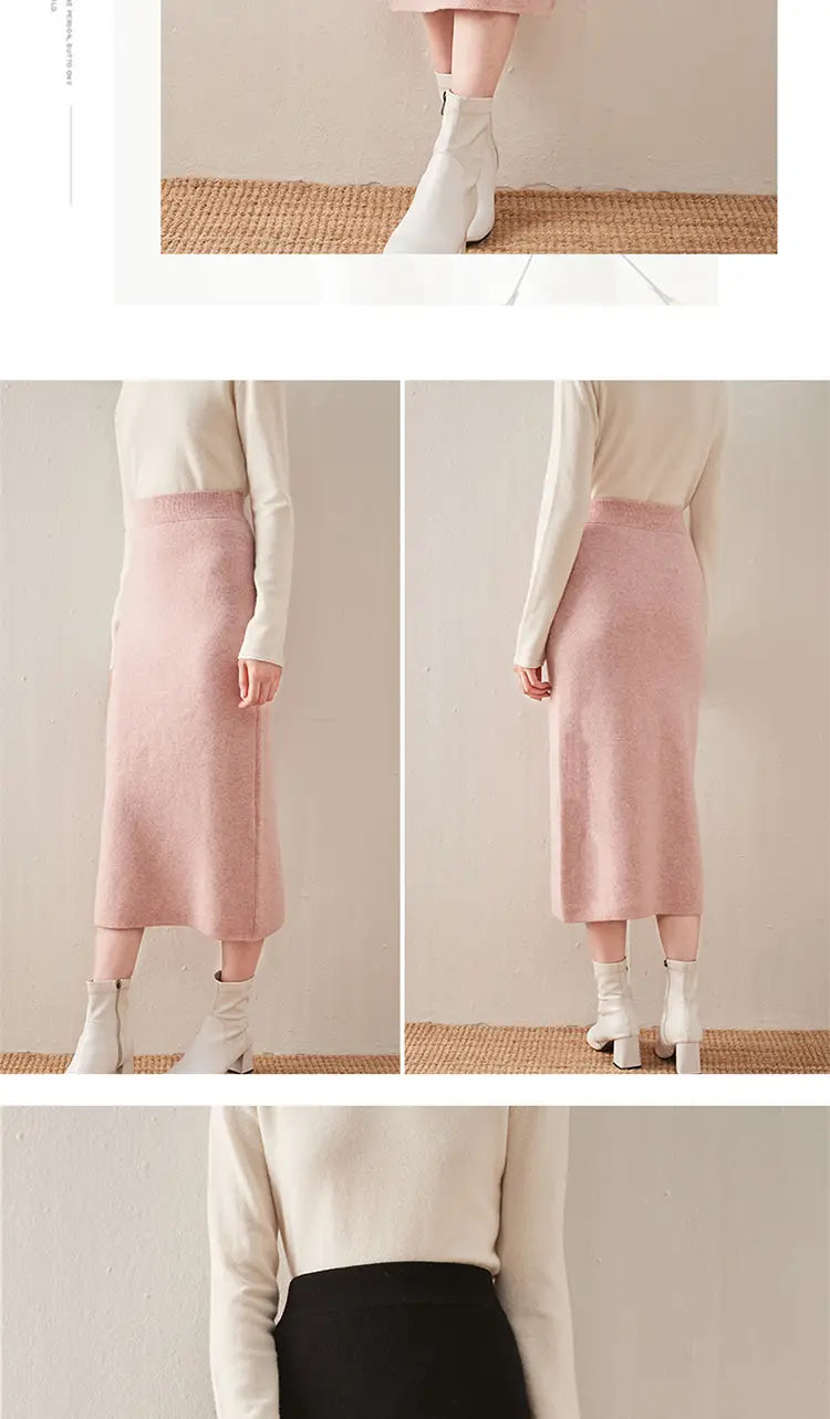 A soft pink wool knit midi skirt with subtle vertical ribbing and a smooth texture designed as a high waisted pencil skirt.