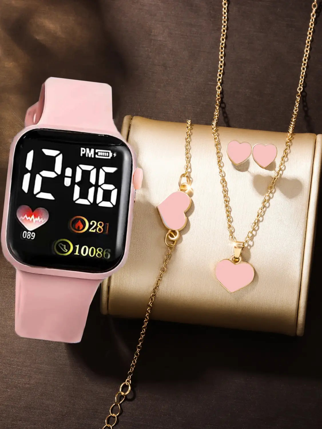 Pink silicone digital watch for women with a square display showing time heart rate and steps, ideal as a fashion gift.