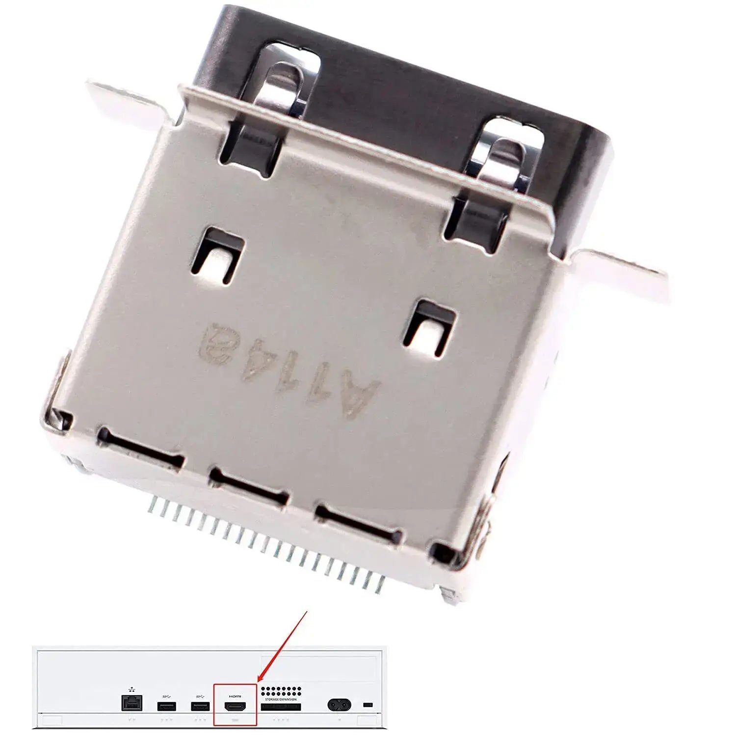 Silberner Metall-USB-C-Stecker (Buchse) mit schwarzem Kunststoffgehäuse und sichtbarer A148-Prägung für den originalen HDMI-Anschluss an der Xbox Series S-Konsole