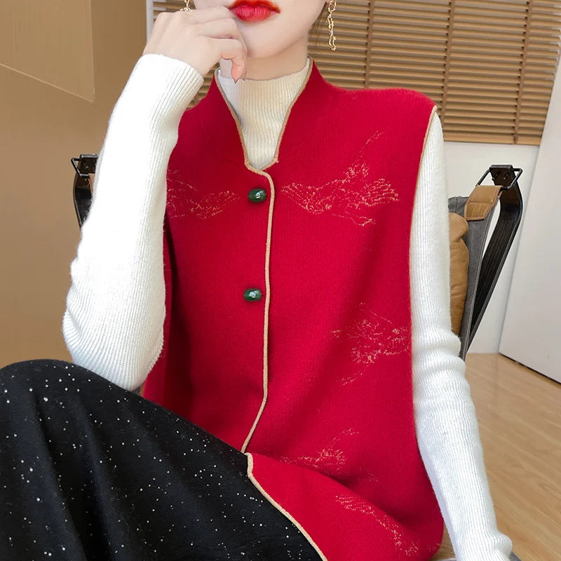 Winter 100% Pure Wool Sleeveless Vest Women Stand Collar Thick Embroidered Vest Loose Wool Vest