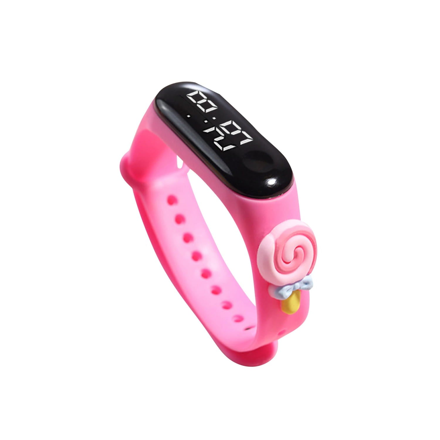 Pink silicone kids digital watch with life waterproof feature, black digital display, and a pink lollipop charm attached to the side