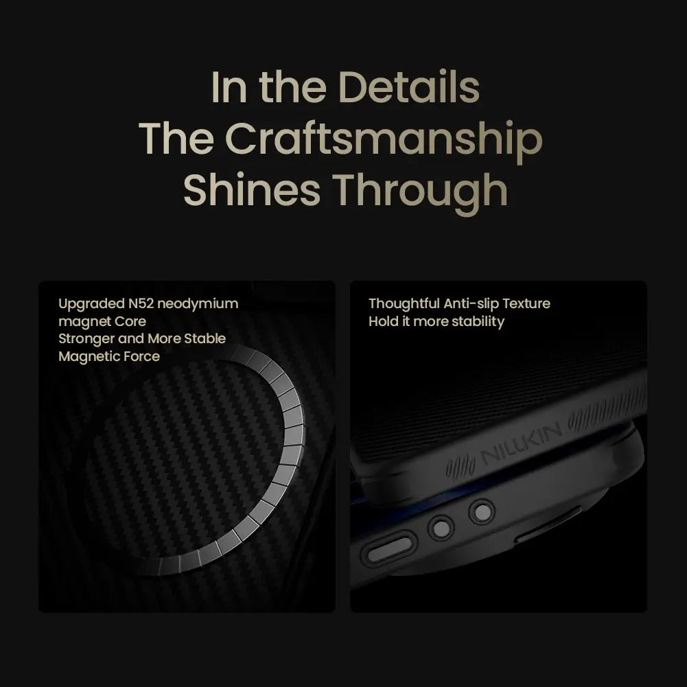 black nillkin carboprop case for xiaomi 17 ultra leica edition showing the back with a textured anti-slip surface and upgraded n52 neodymium magnet core phone case