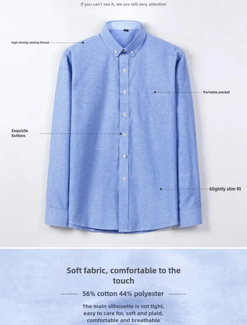 Mens light blue oxford shirt casual long sleeve made of 56 percent cotton and 44 percent polyester featuring a slightly slim fit and exquisite buttons.