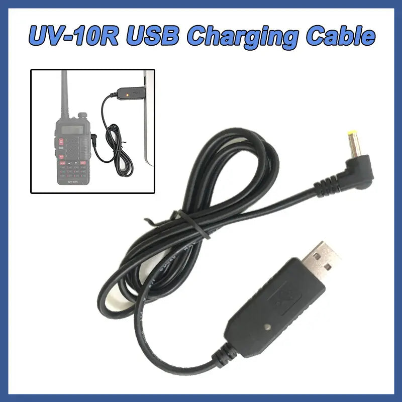 black usb charging cable with molded plastic connector and angled power plug for uv10r walkie talkie compatible with uv-10r usb devices
