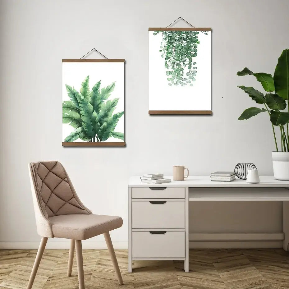 Beige quilted chair with wooden legs placed next to a teak wood magnetic photo frame poster hanger.