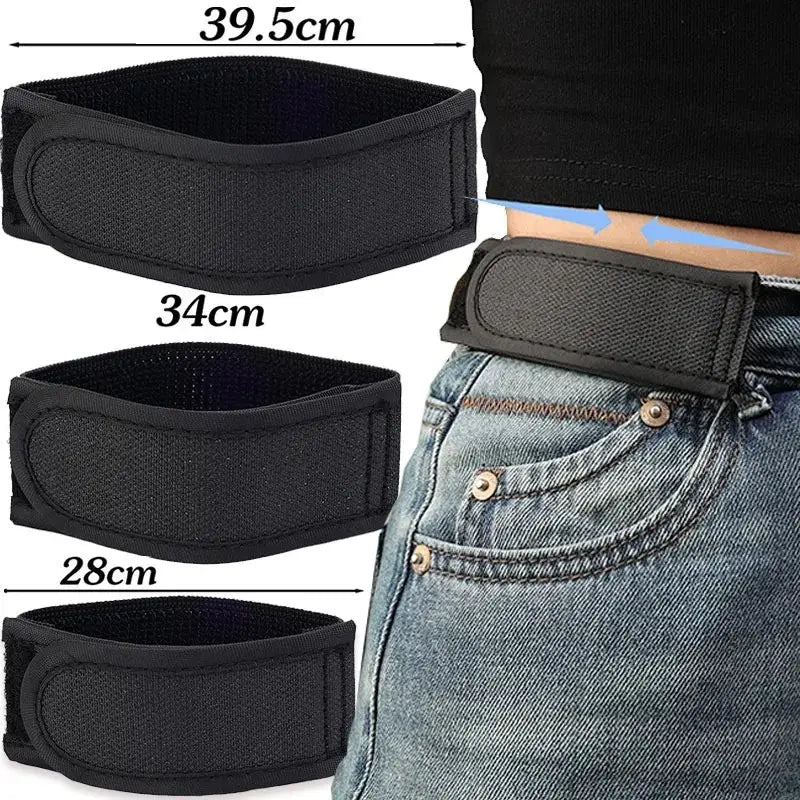Ceinture élastique sans boucle pour homme en noir, avec sangle élastique réglable et fermeture à pression, présentée en trois tailles