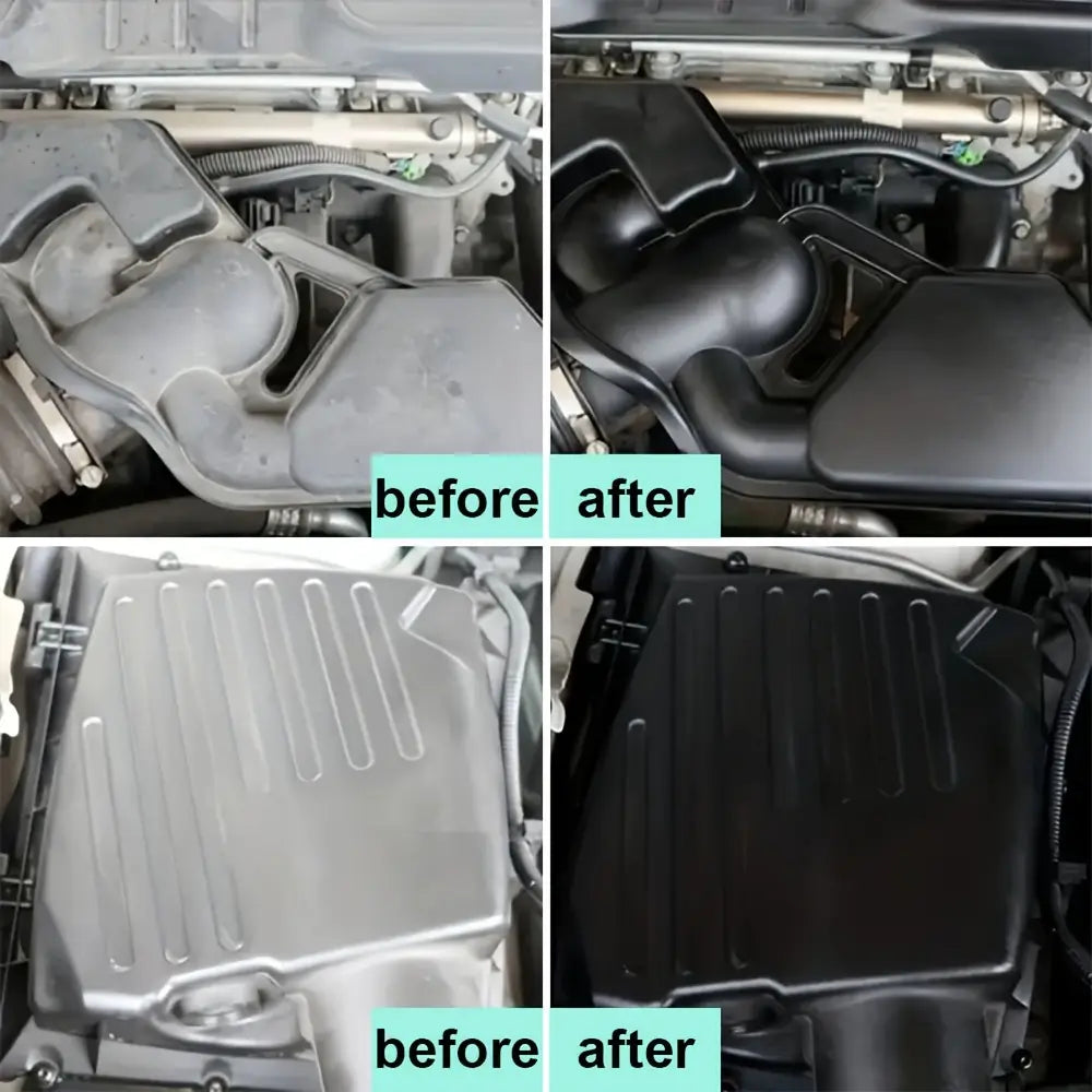 black plastic engine cover with ribbed texture demonstrating the effects of an engine bay cleaner and plastic restorer product.