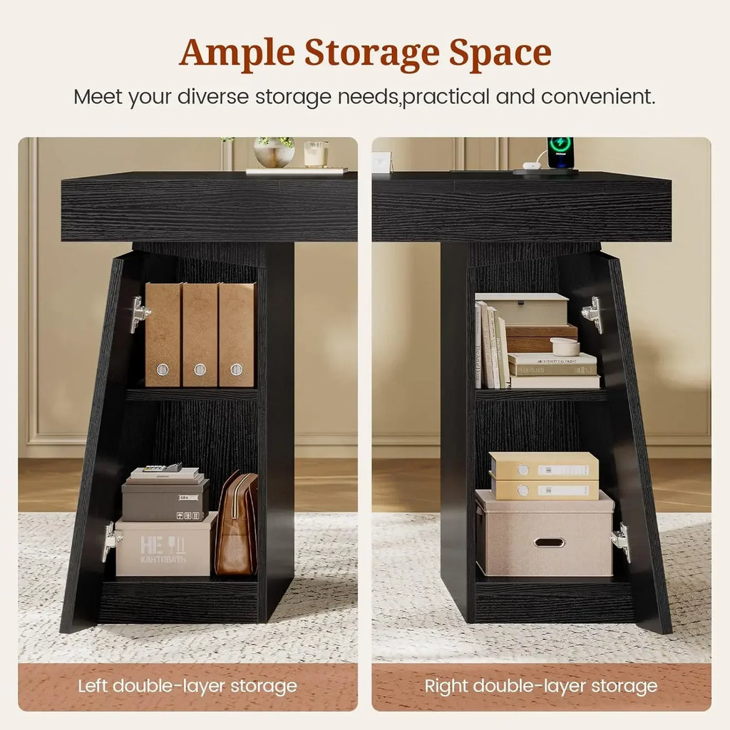 Eco-friendly 55.9 In Executive Desk With Power Outlets, Modern Home Office Desk With Storage Cabinet, Wood Computer Desk Busines