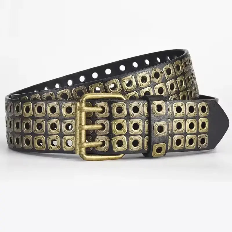 Black leather studded leather punk belt adorned with rows of square antiqued brass studs and a matching brass buckle.