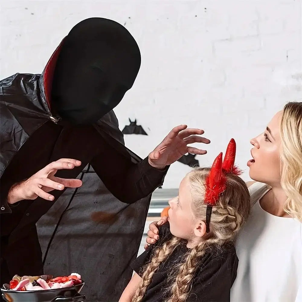 a black hooded vampire costume with red lining and matching cape displayed alongside a black spandex full face mask 2 pack for a complete halloween outfit