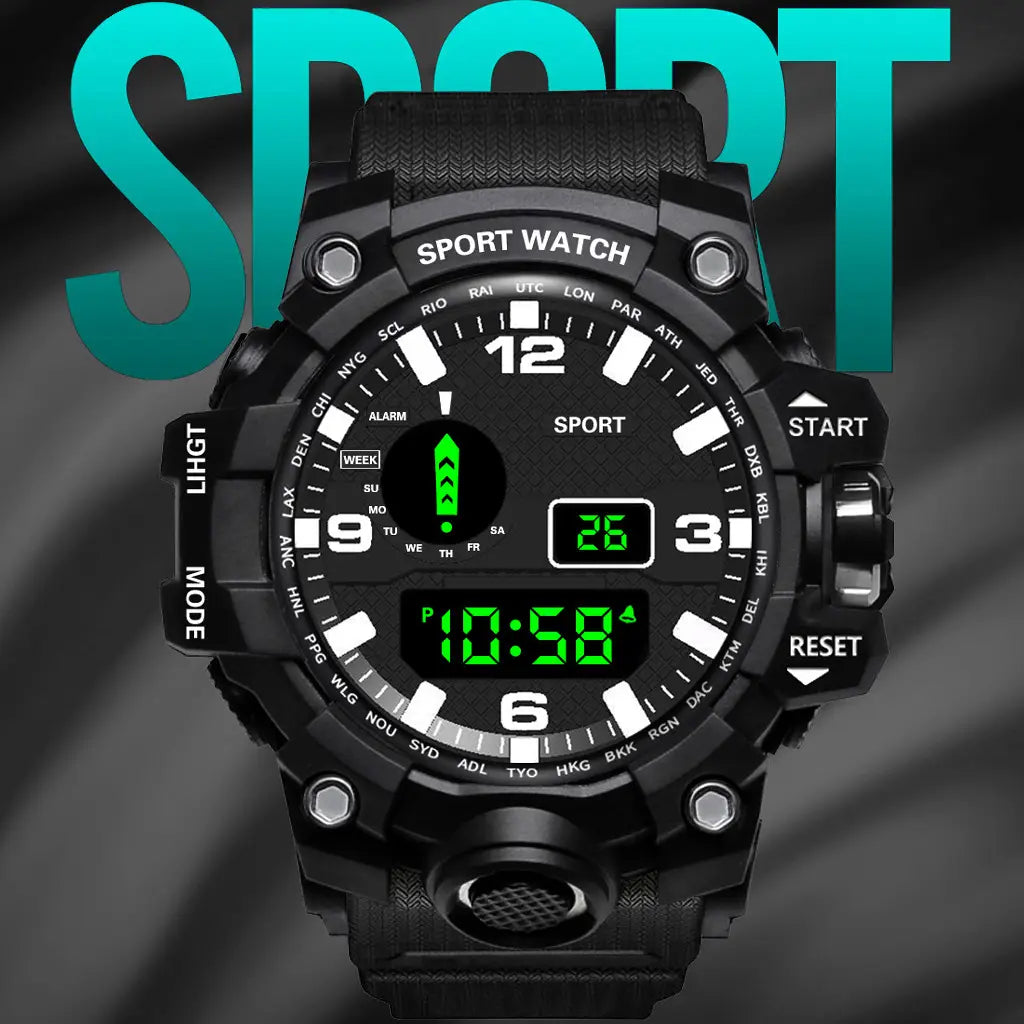 Wasserdichte digitale Sportuhr für Herren mit großem Zifferblatt, schwarzem robustem Design, mit texturiertem Gummiband und kräftigen grünen LED-Ziffern auf digitaler und analoger Anzeige.
