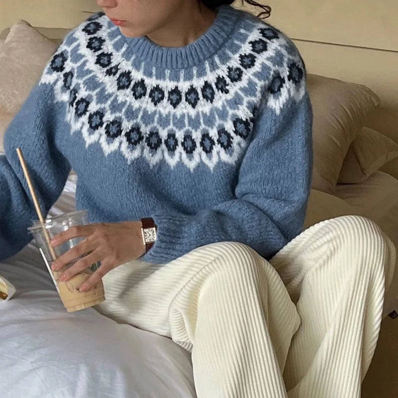 2025 New Autumn and Winter Cross-border Ethnic Style Long-sleeved Round-neck Fair Isle Sweater