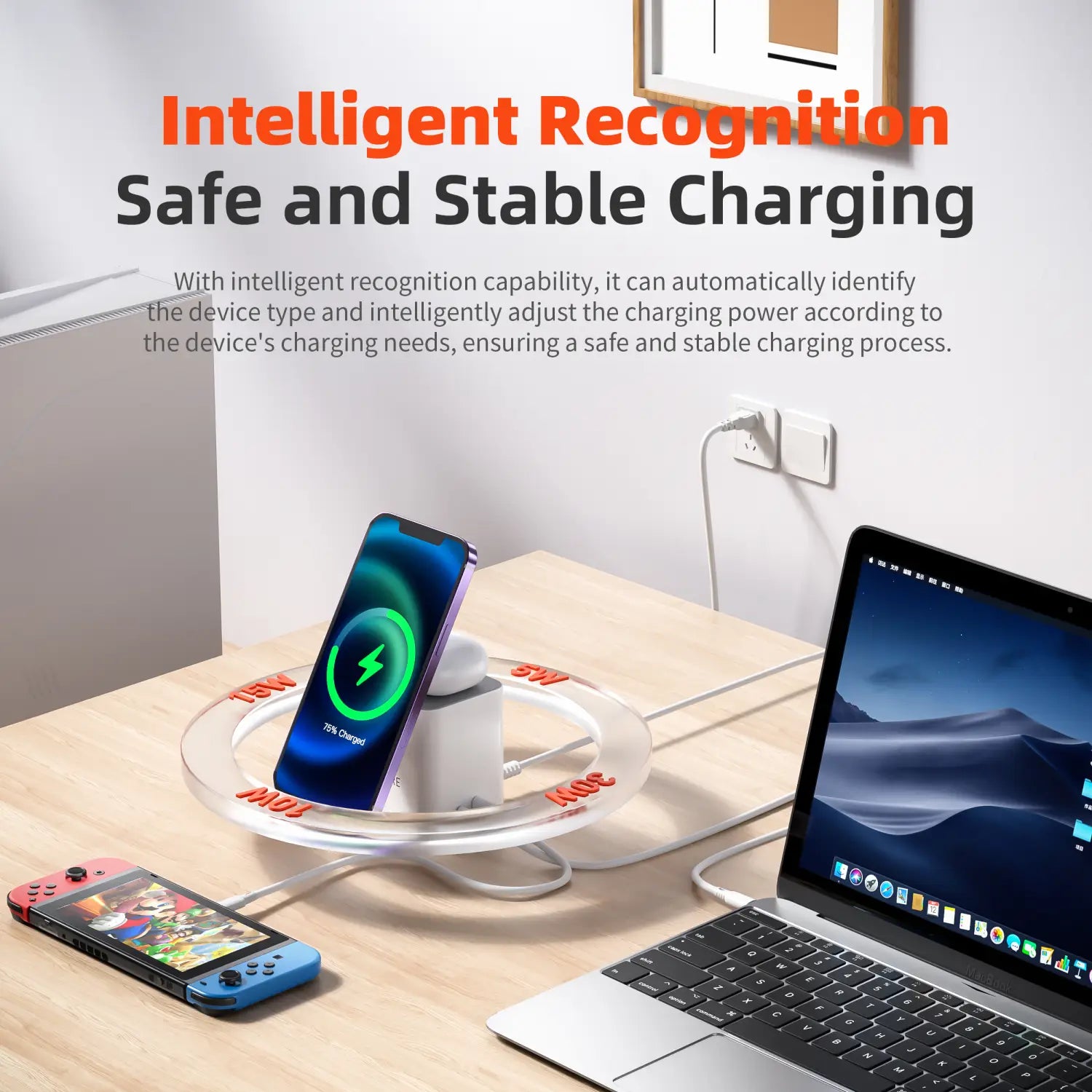 Transparente kreisförmige magnetische Wireless-Lade station 65 W mit weißer zentraler Basis und roten 30-W-Markierungen, ausgelegt für intelligentes Smart-Laden mehrerer Geräte.