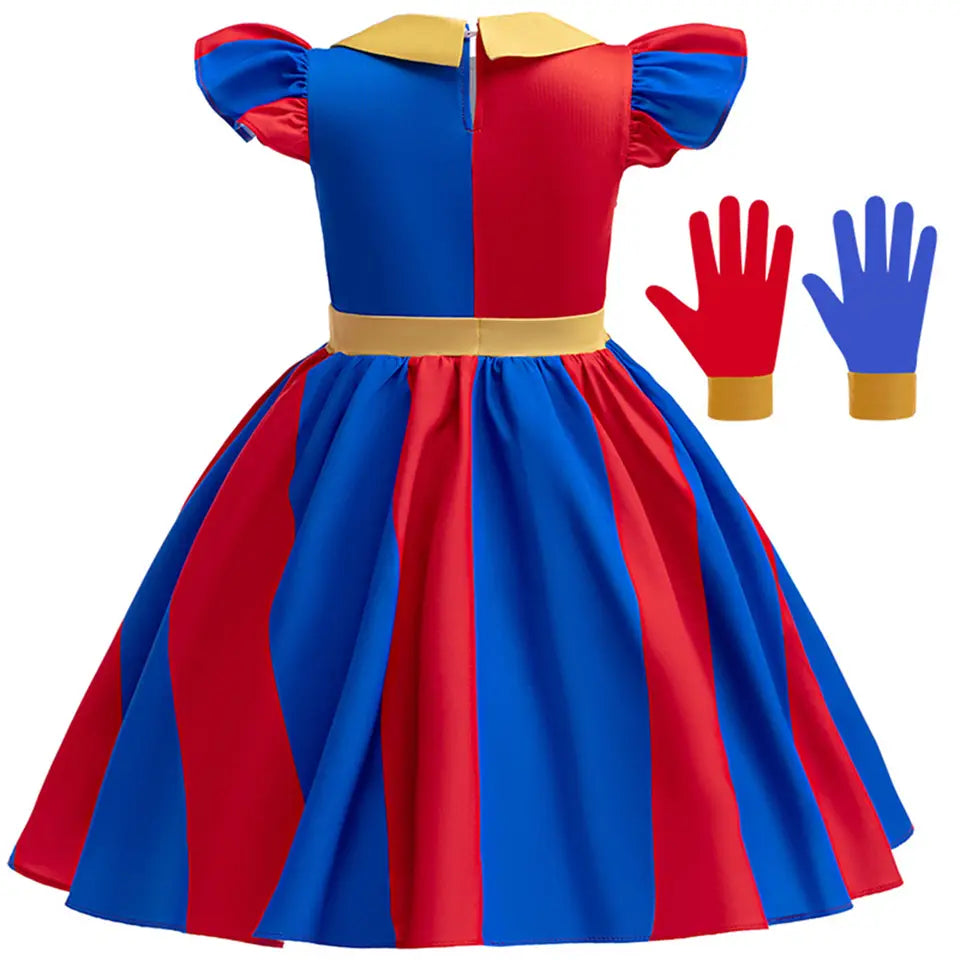 red and blue striped princess dress with yellow collar belt and matching gloves shown with pomni clown costume dress size chart