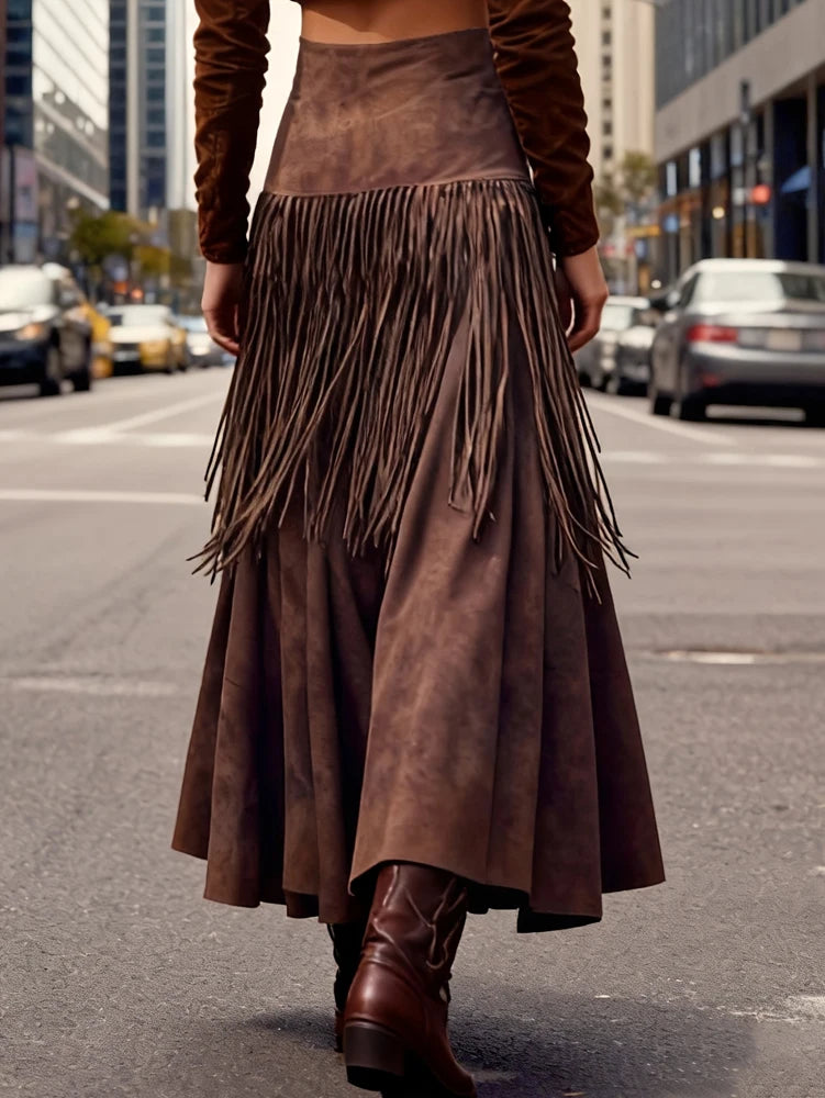 New Ethnic Elegant Solid Tassel Slim Fit Midi Skirt Brown Wide Hem Long Skirt Party Evening Dresses Versatile  Female Clothing