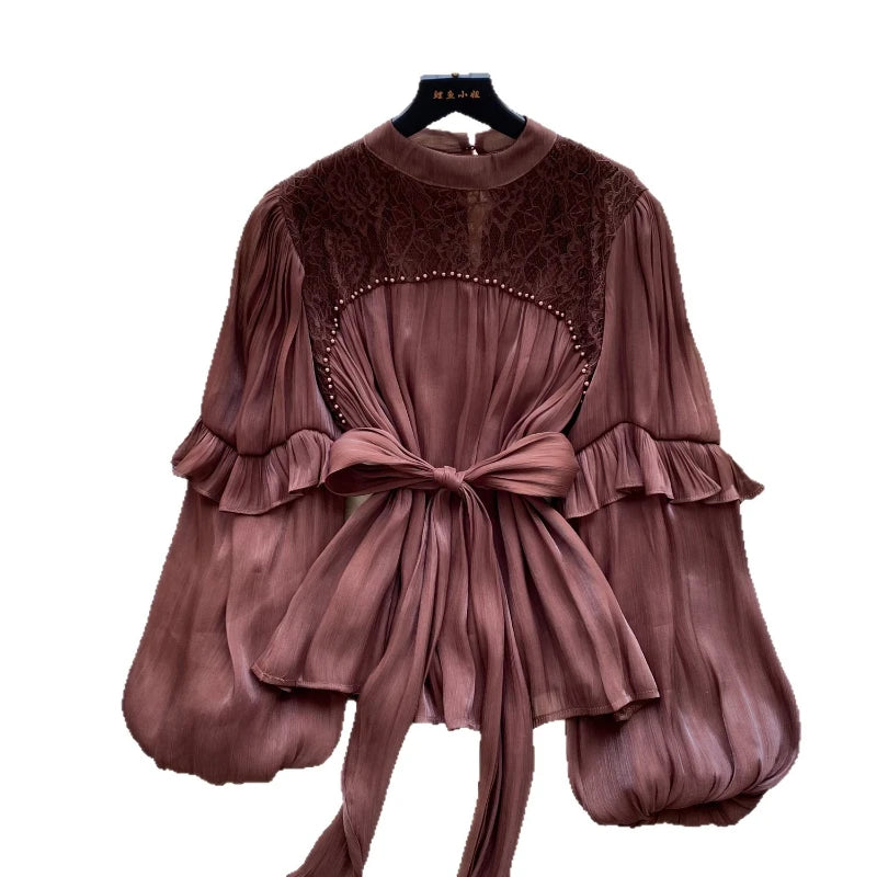 Blouses Women Shirt Vintage Puff Sleeve Tops Round Neck Casual Loose Y2k Streetwear Elegant Splice Shirts 2026 Autumn Winter