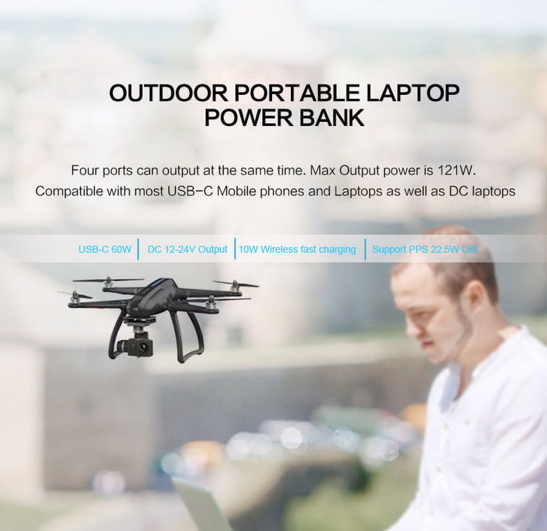 Black quadcopter drone with camera mounted below shown alongside a 20000mAh laptop power bank with wireless charging in width 750px height image.