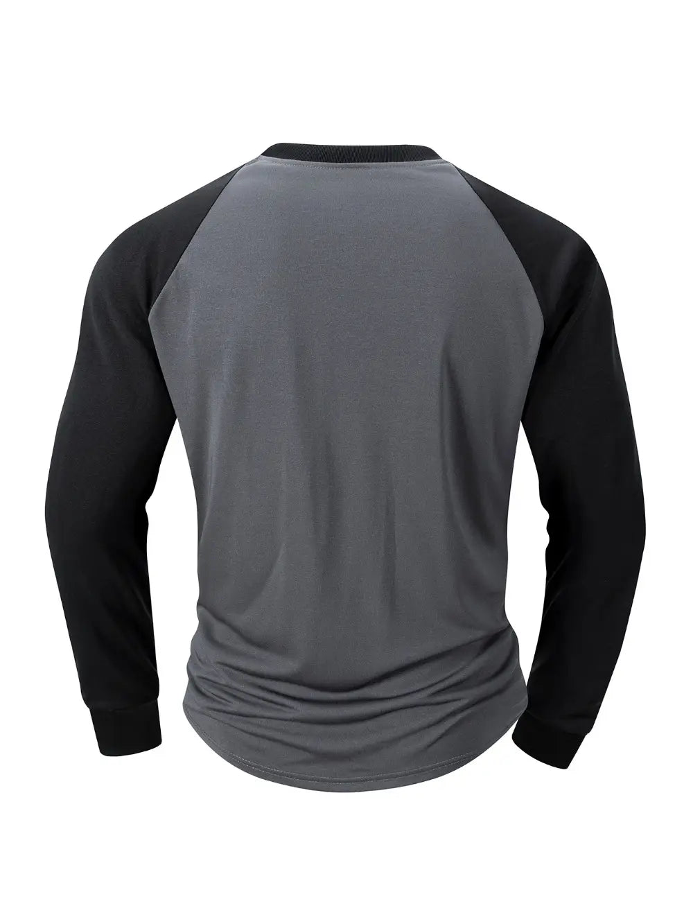 Mens raglan long sleeve casual t-shirt in black and gray with ribbed crew neck and comfortable fabric.