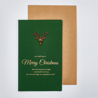 green christmas greeting card with bronze deer head embellishment and gold foil lettering included in a christmas greeting cards set with gold foil envelopes