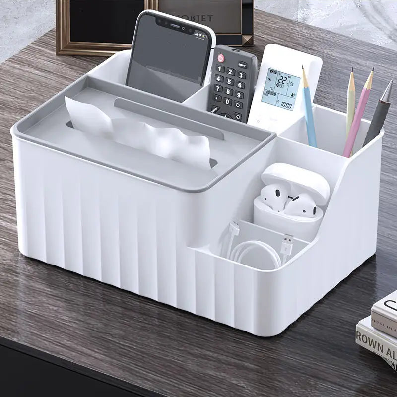 White plastic multi compartment desk organizer with vertical ridged texture and gray lid for office or home use