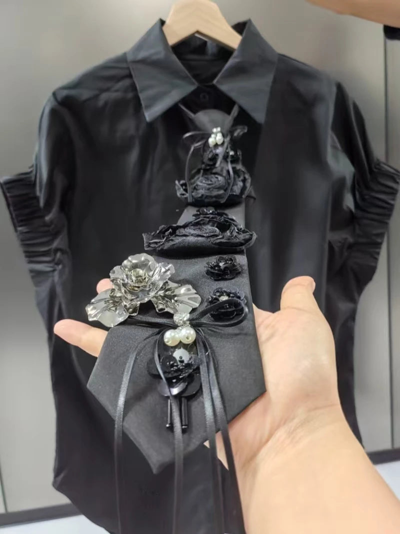 High-end Short Sleeve Shirts Blouses with Ties for Women Girls Ladies Elegant Fashion Tops Loose Casual Shirt Clothes