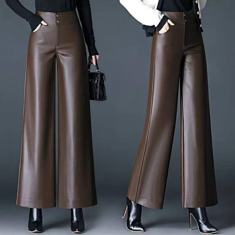 Women's High Waist Loose PU Leather Pants Autumn Winter Windproof Waterproof Straight Leg Pants Casual Fashion Ladies Trousers