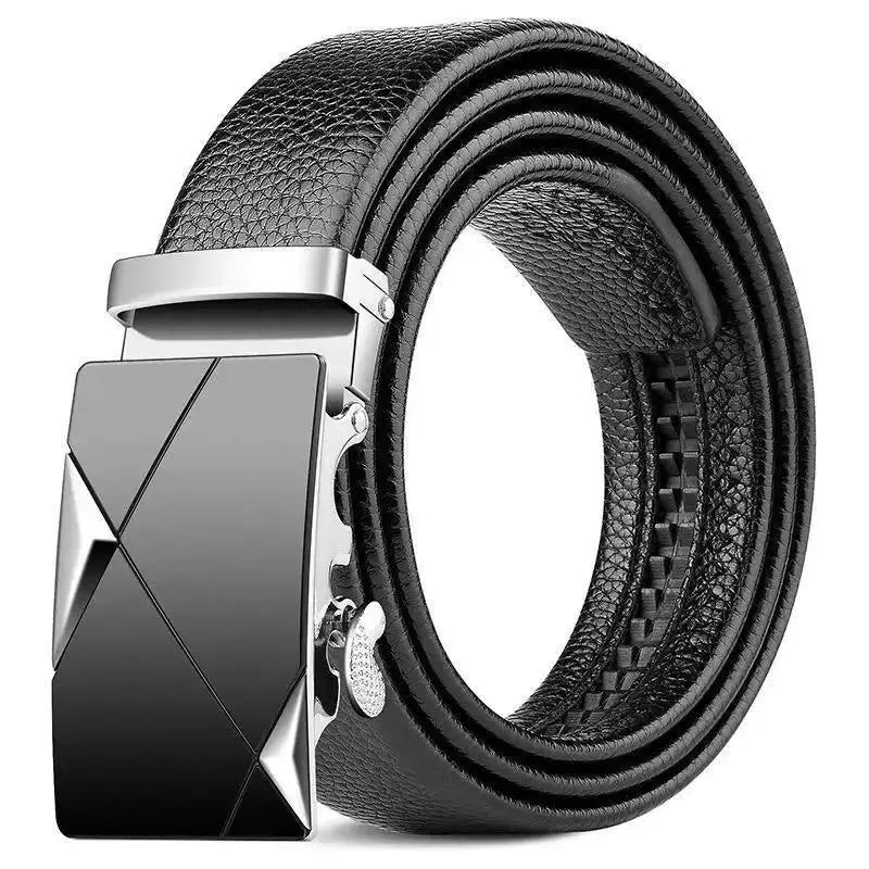 Ceinture en cuir pour hommes avec une ceinture en PU noire et une boucle automatique élégante à motif géométrique noir et argent.